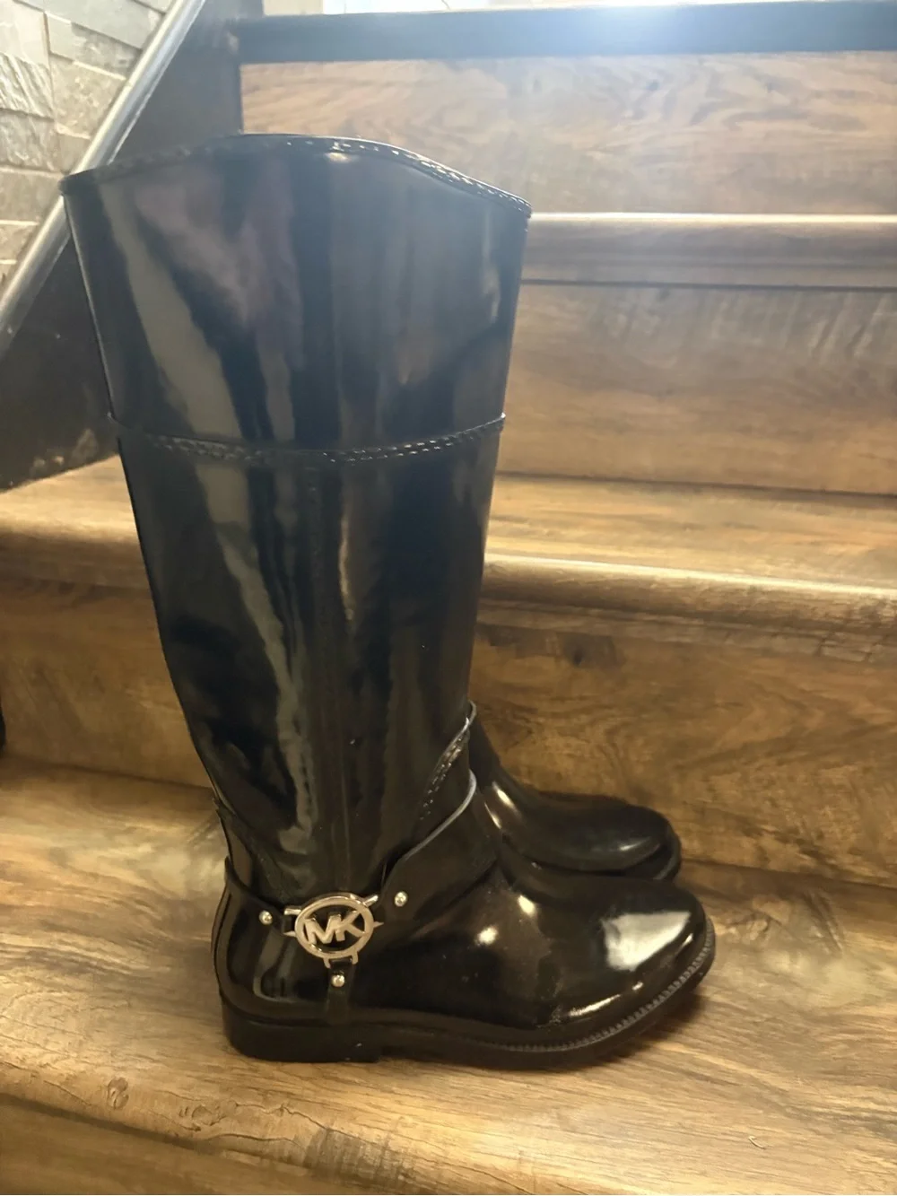 Michael Kors Black Patent Tall Riding Boots with MK Charm